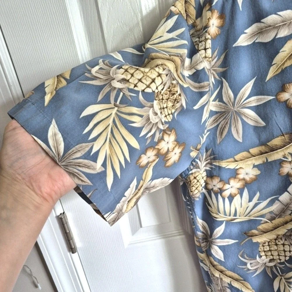 Vintage‎ Campia 100% Cotton Button Down Light Blue Tan Hawaiian Shirt Mens L